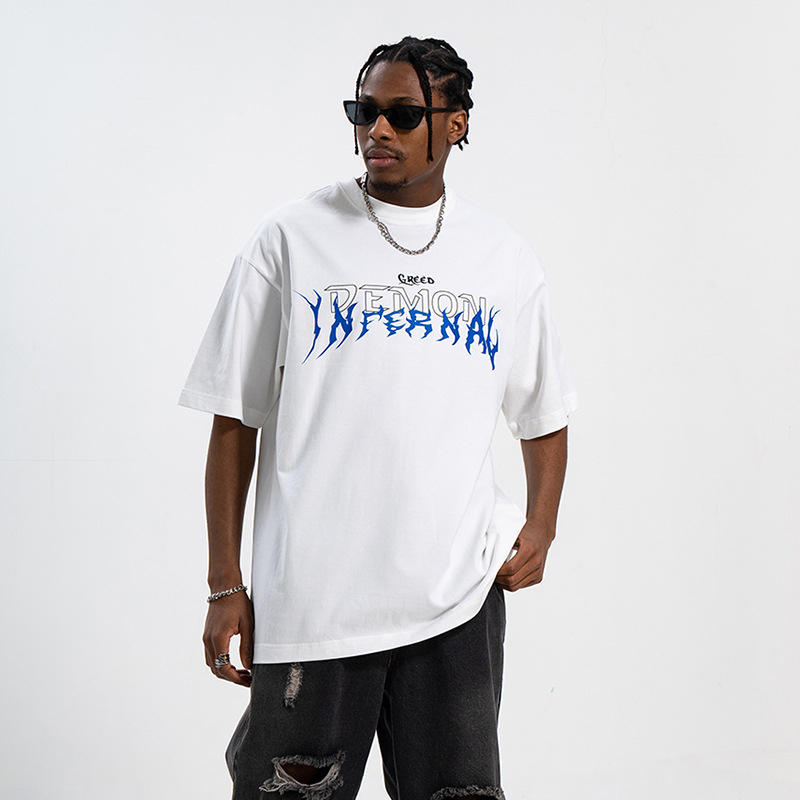 Printed Double Yarn Heavy Drop Shoulder Loose Couple T-Shirt 10