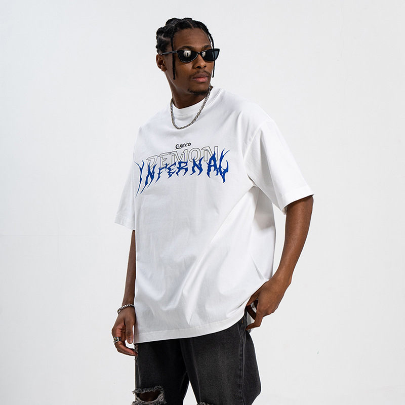 Printed Double Yarn Heavy Drop Shoulder Loose Couple T-Shirt 10