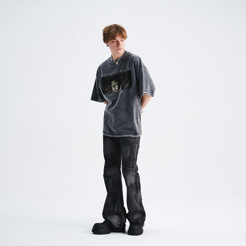 Retro distressed unisex loose shoulder T-shirt for men 2