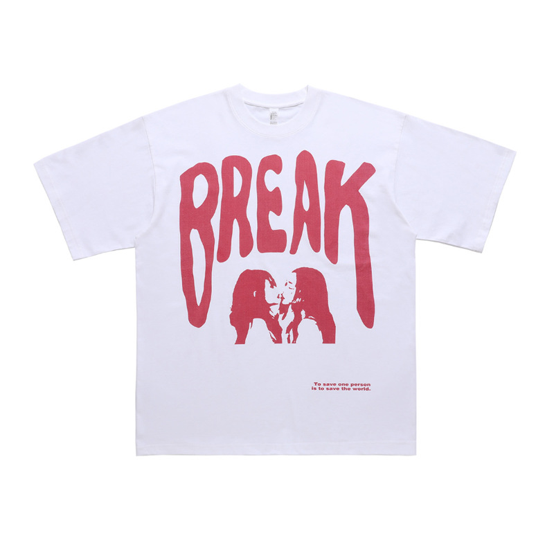 Text Print 240g Heavy Drop Shoulder Loose Couple T-Shirt 11