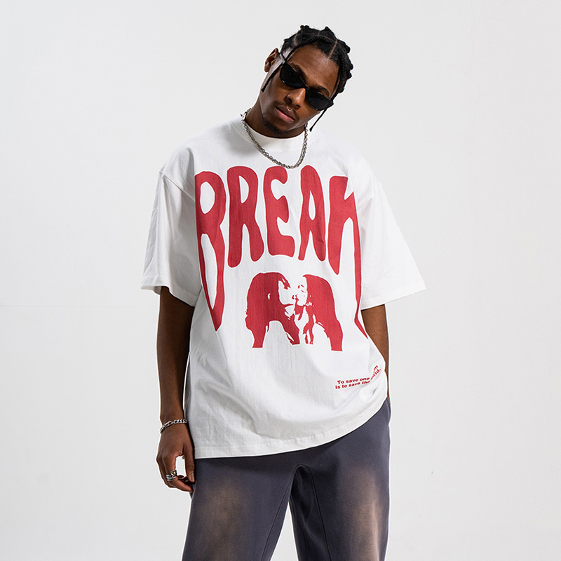 Text Print 240g Heavy Drop Shoulder Loose Couple T-Shirt 11