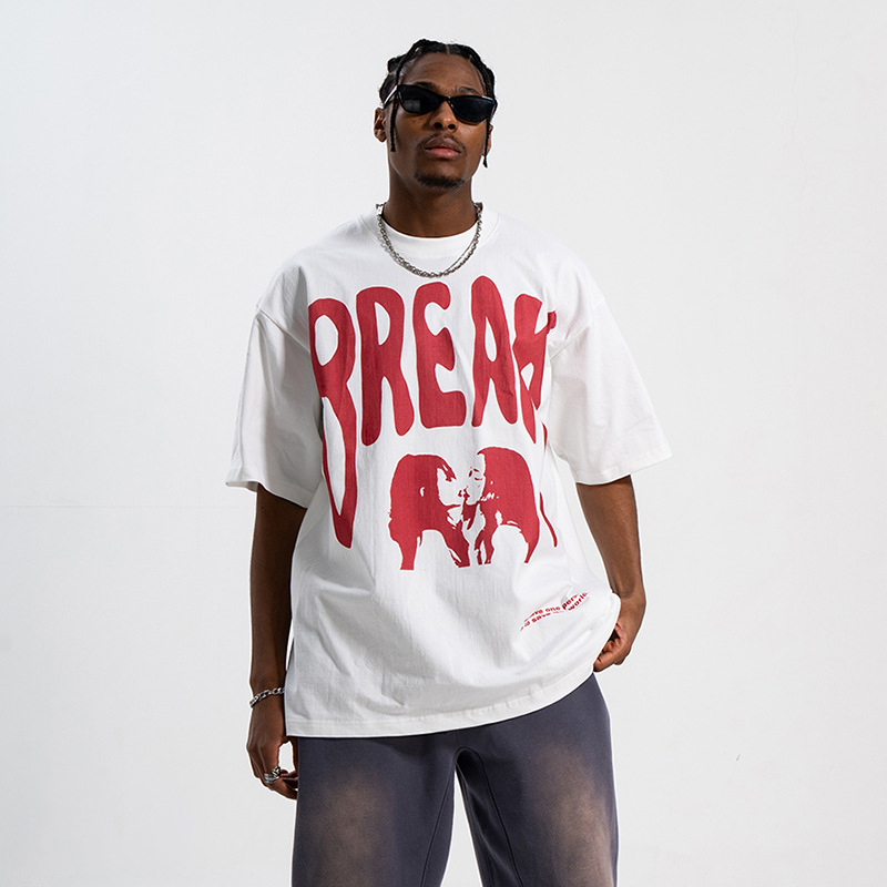 Text Print 240g Heavy Drop Shoulder Loose Couple T-Shirt 11