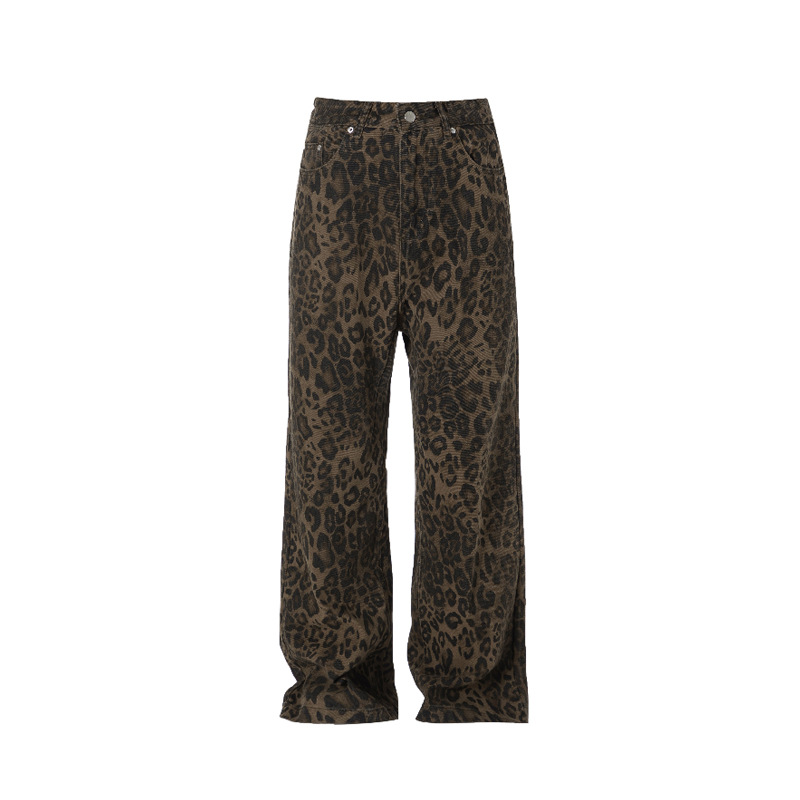 American retro leopard print straight jeans 48
