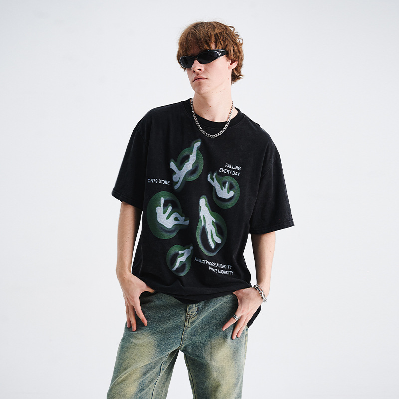 American style washed distressed direct-injection printed T-shirt 41