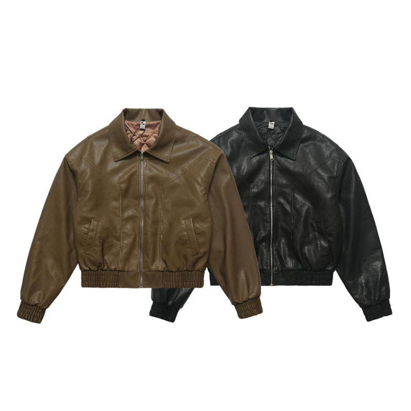 Retro motorcycle short lapel leather jacket 117