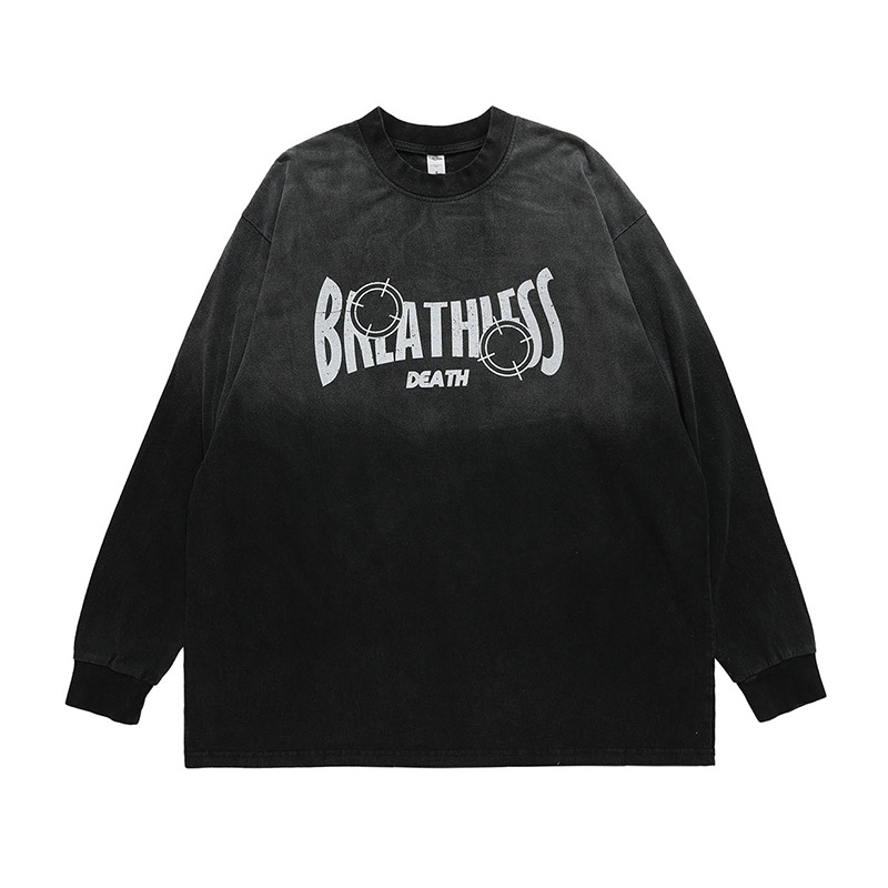 Retro distressed printed washed long-sleeved T-shirt 83