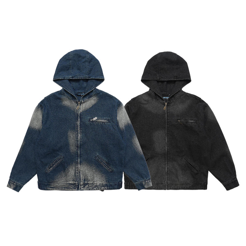 Contrast color vintage work zipper denim jacket 118