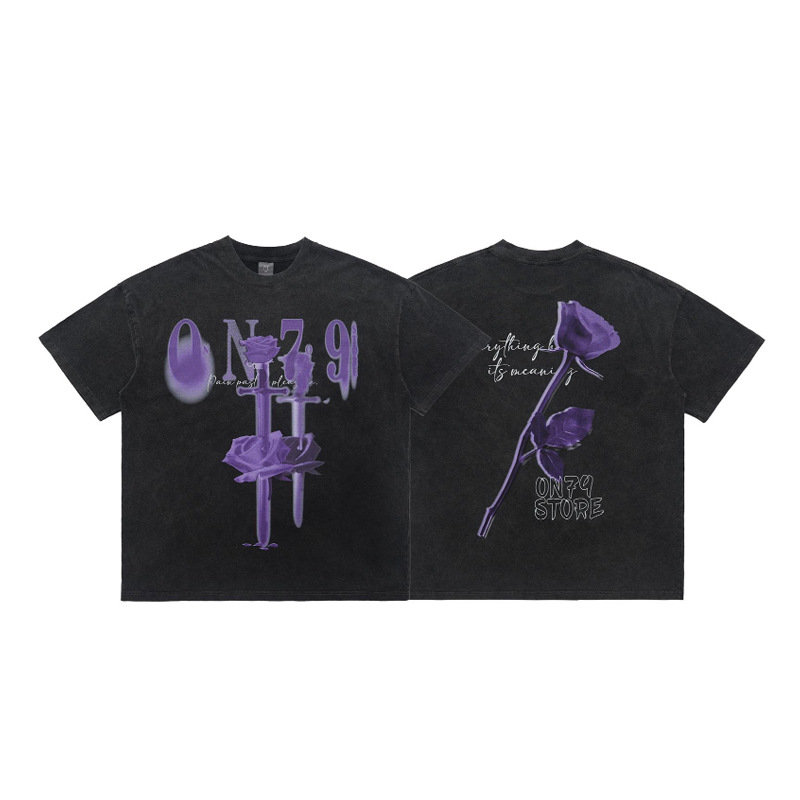 Trendy distressed spray-on rose print T-shirt 101