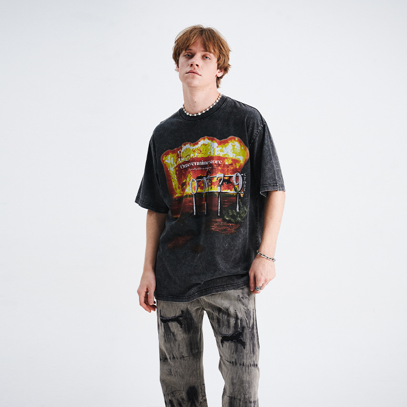 Washed distressed flame horse print T-shirt 107