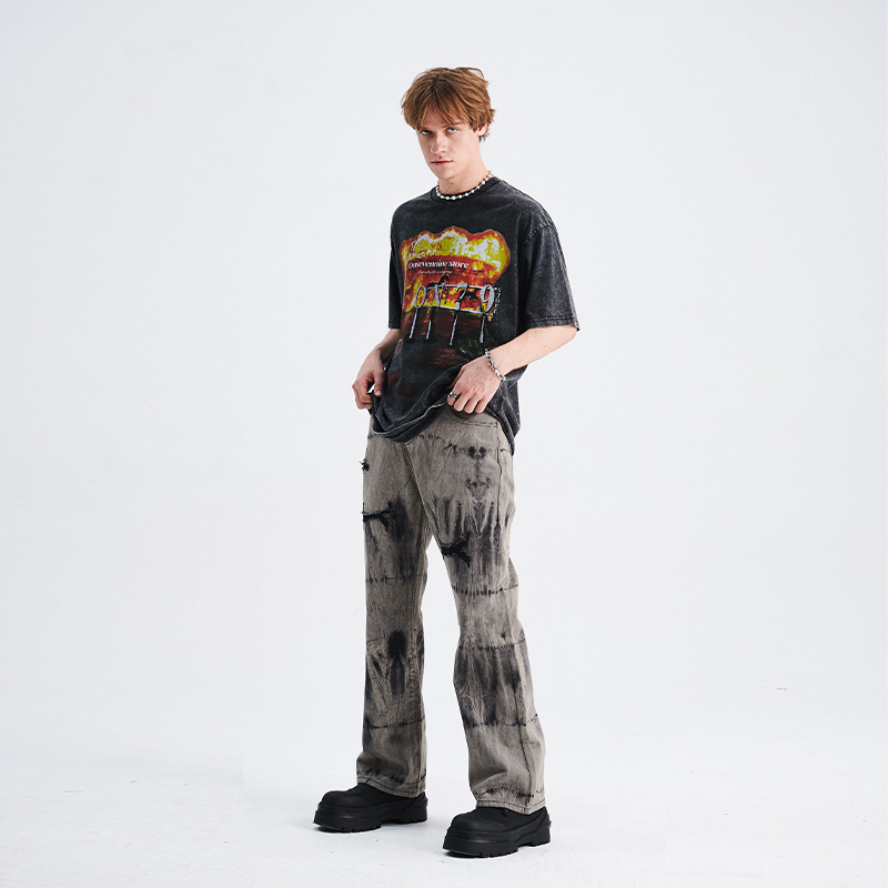 Washed distressed flame horse print T-shirt 107