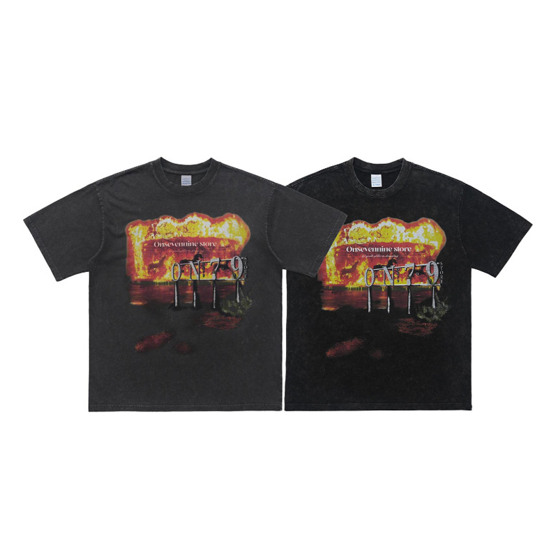 Washed distressed flame horse print T-shirt 107