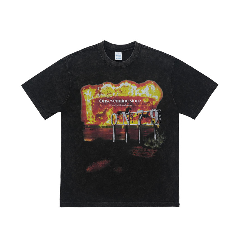 Washed distressed flame horse print T-shirt 107