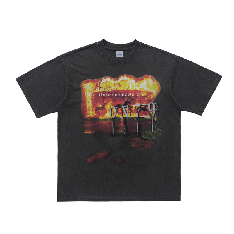 Washed distressed flame horse print T-shirt 107