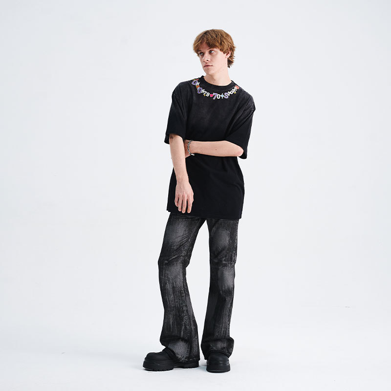 Petal print short-sleeved loose shoulder T-shirt 90