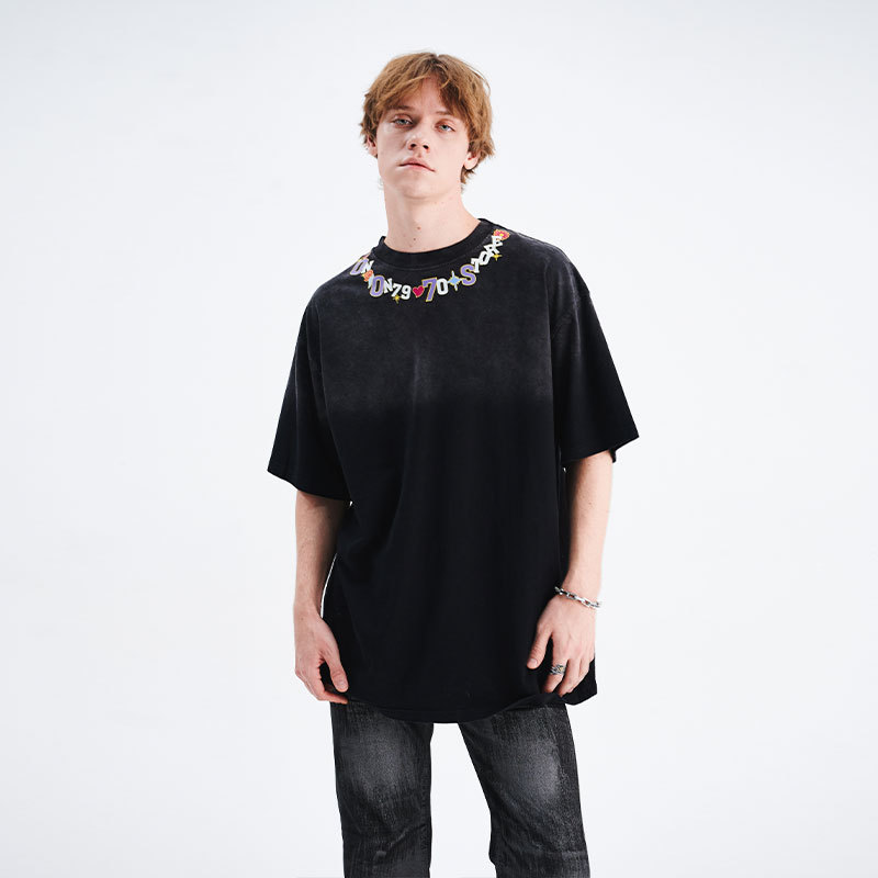 Petal print short-sleeved loose shoulder T-shirt 90