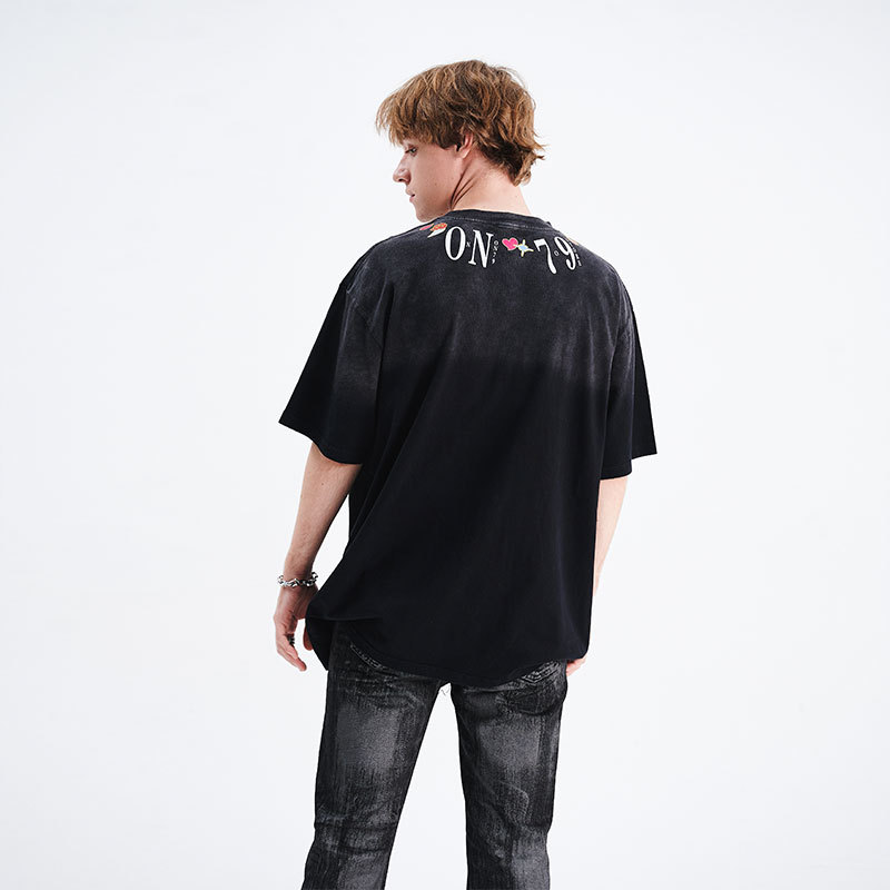 Petal print short-sleeved loose shoulder T-shirt 90