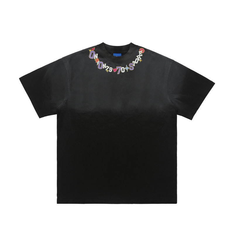 Petal print short-sleeved loose shoulder T-shirt 90